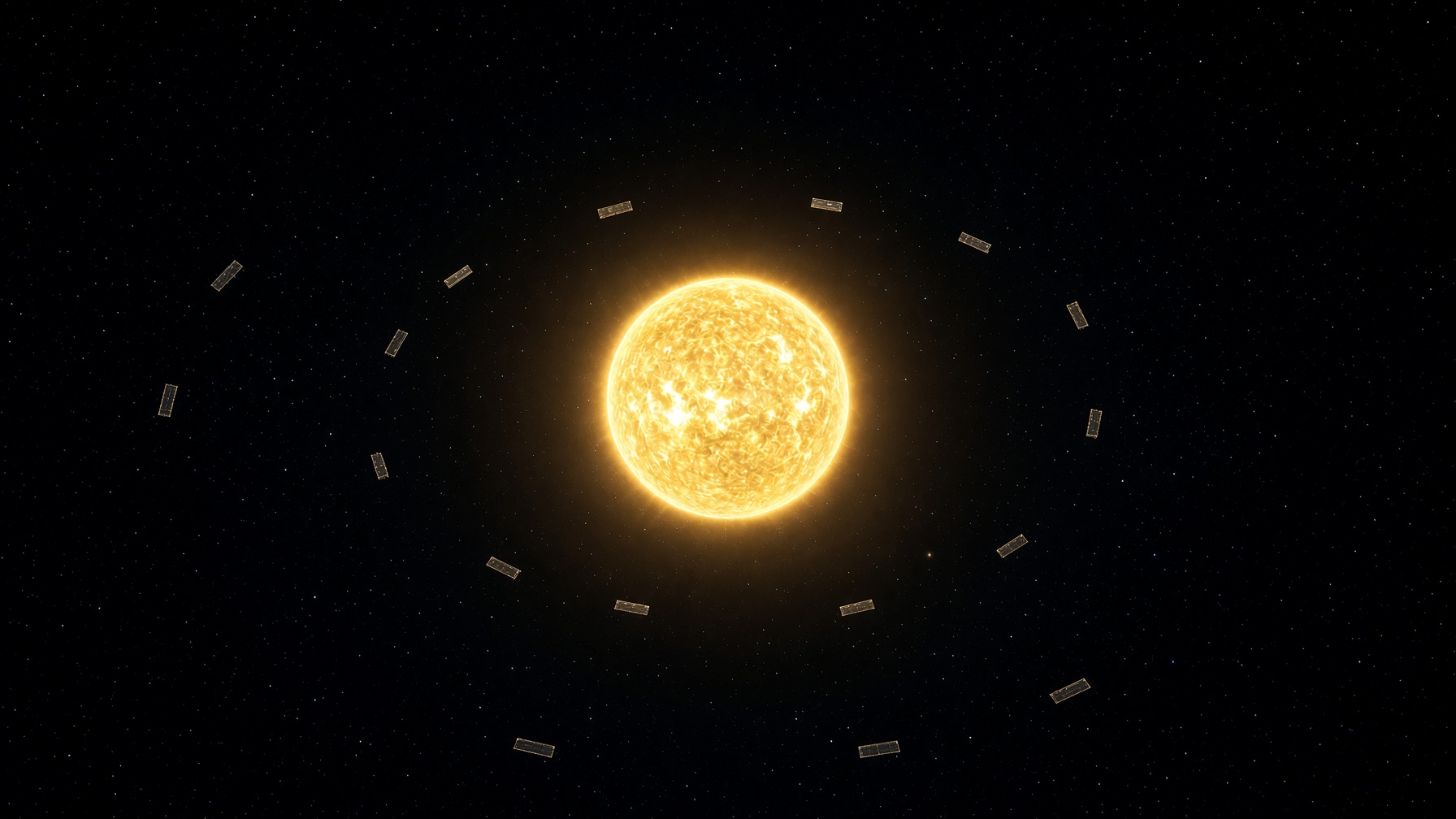 Concept art of a sparse swarm of orbital collectors. The star remains visible.