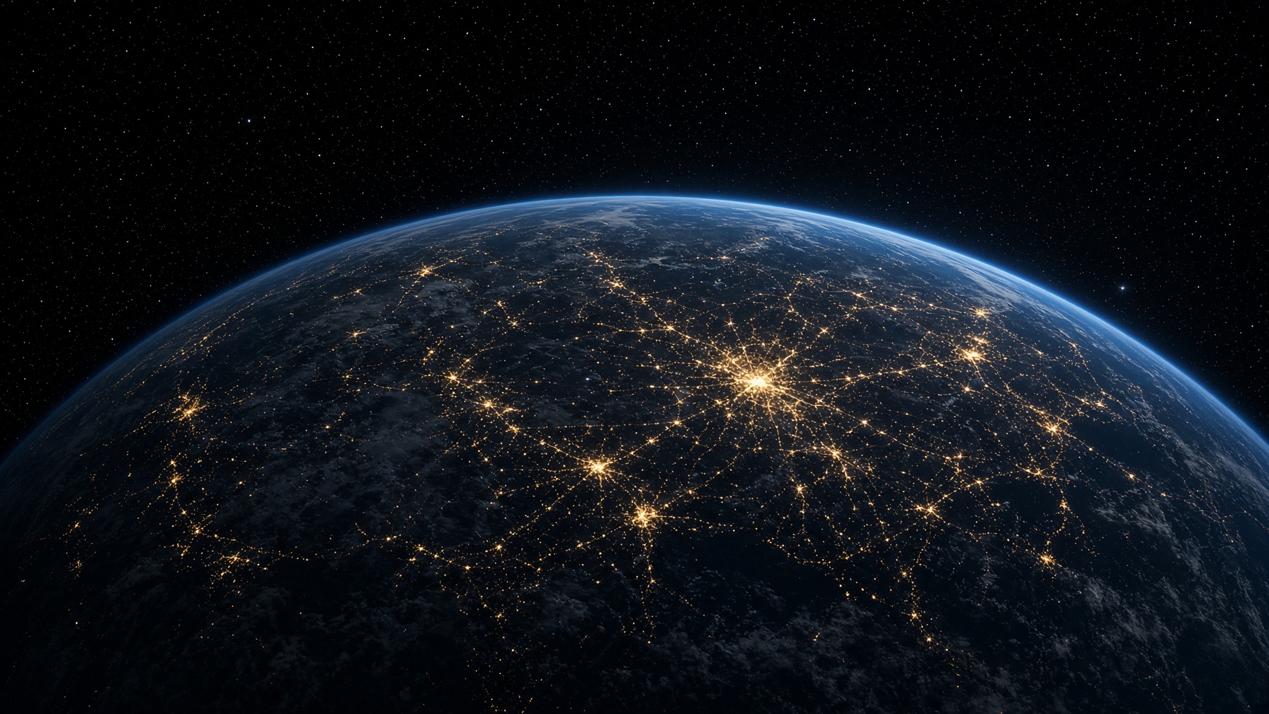 Night-side Earth, city lights as warm filaments.