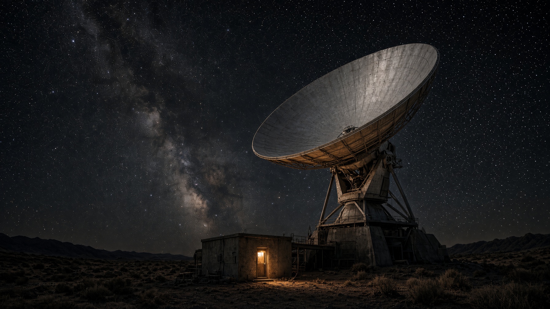 A radio telescope dish under a night sky.