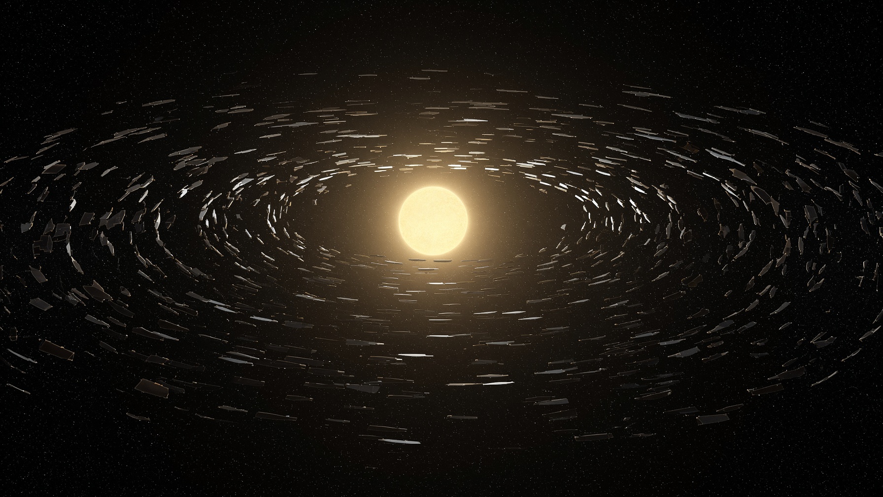 Concept art of a sparse Dyson swarm around a visible star.